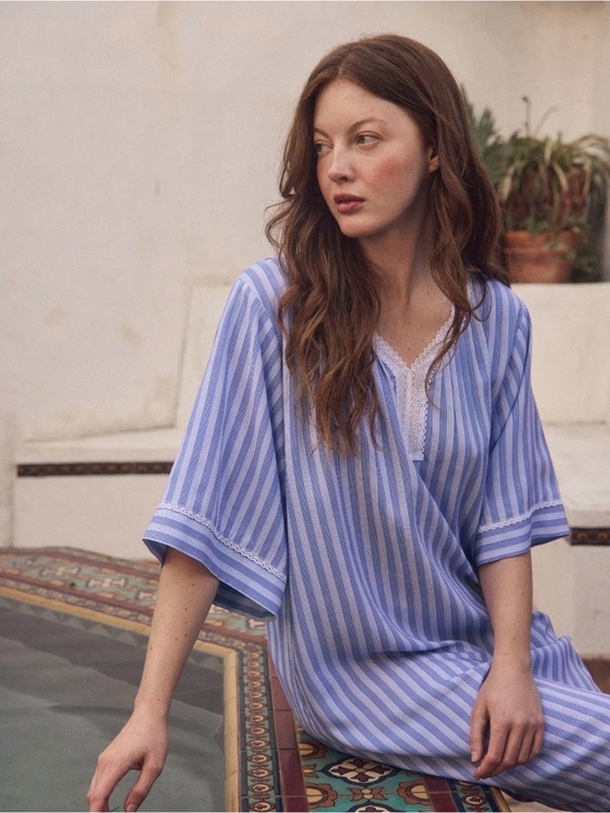 Eileen West Other - Eileen West Harbour Stripe Ecovero Rayon Caftan Blue White Stripe Lace Size L